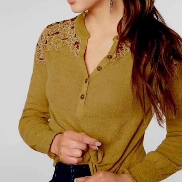 Free People Mustard Blouse with Embroidered Accents - Picture 2 of 16